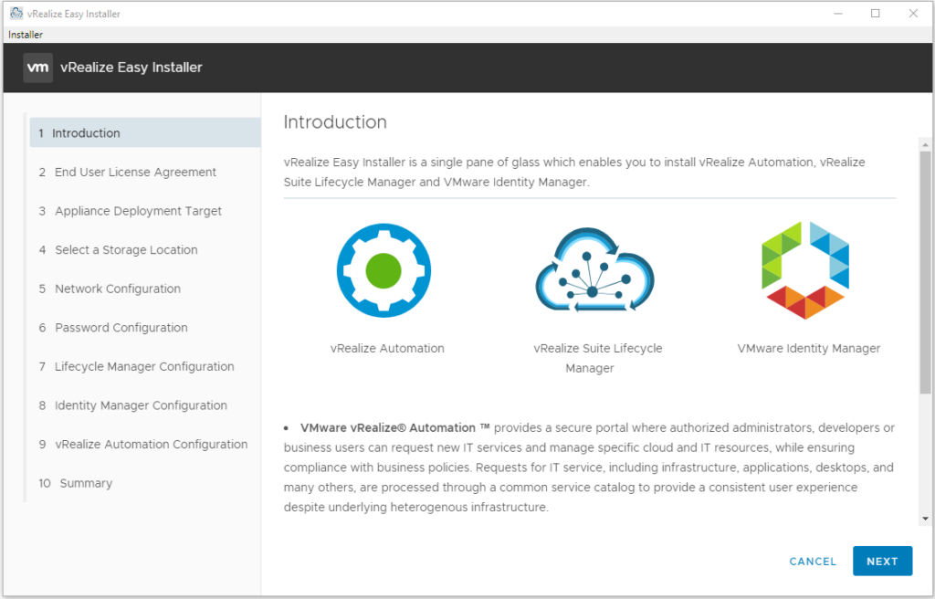 Introduction Screen with vRealize Automation blurb