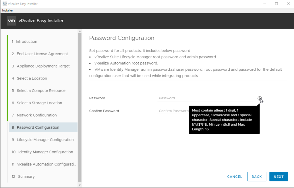 The Password Configuration page